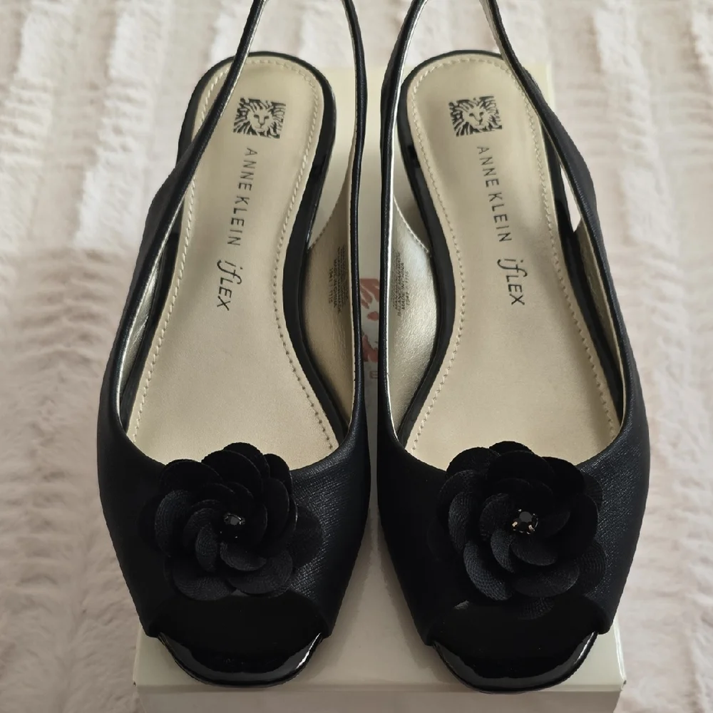 Anne Klein Black Floral Slingback Heels